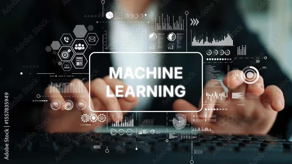 Poster professional hands typing on keyboard with machine learning graphics, data analysis and technology i