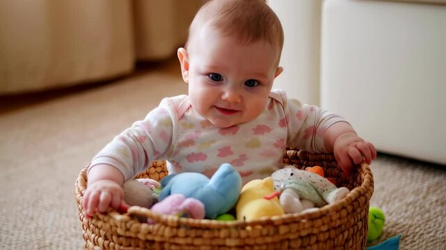 Adorable baby playing with toys in a basket full of colorful happiness