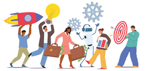 Businesspeople cartoon characters engaged in teamwork, business projects startup, AI collaboration