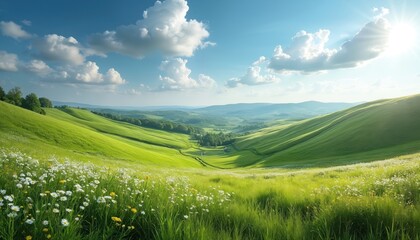 Fototapeta premium Panorama of Romanian countryside landscape. Green hills, valleys under blue sky with clouds. Scenic view, nature photo. Summer day, fresh air, natural beauty, travel and tourism concept.