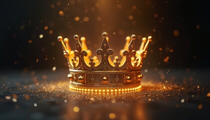 Golden crown glittering background. Royalty symbol, luxurious jewelry, king queen theme. Success achievement, wealth prestige, divine sovereign monarch, leadership nobility.