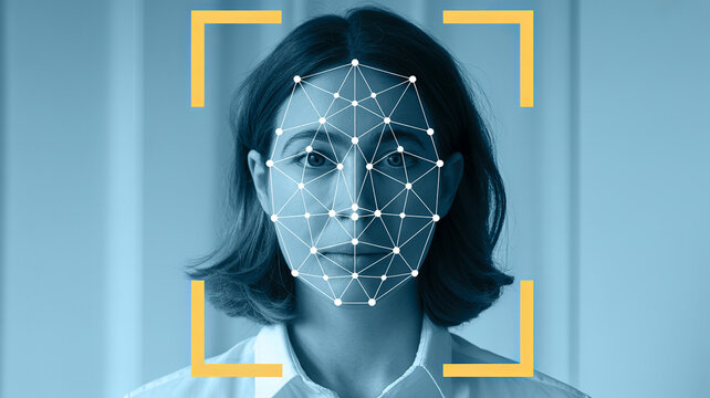 Facial Recognition Interface: A woman's face is scanned by a digital interface for biometric identification, representing the convergence of technology and security.