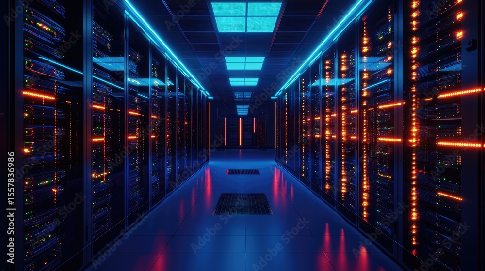 Aufkleber futuristic server room with glowing blue and orange lights reflecting on the floor, ideal for cyber 