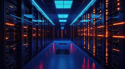 Futuristic server room with glowing blue and orange lights reflecting on the floor, ideal for cyber tech visuals, data infrastructure, and advanced digital systems