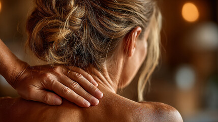 Naklejka premium Close-up of a woman’s bare back receiving a soothing massage from another woman’s hand. Calm, relaxing atmosphere conveying wellness, care, and tranquility. Caption space on the side.