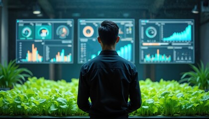 Male technician observes thriving green plants in indoor vertical farm. High-tech control panels display data. Smart eco-friendly agriculture uses innovative tech for sustainable food production.