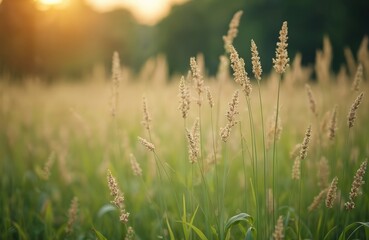 Fototapeta premium Panoramic summer pastoral landscape with tall flowering grass on green meadow. Warm sunlight. Beautiful nature scenic background. Rural countryside farm scene. Spring season.