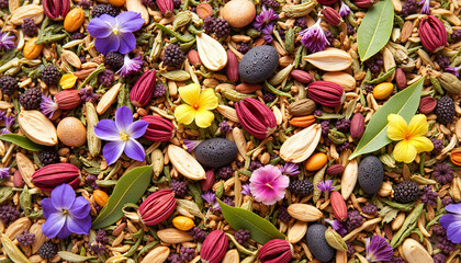 Colorful dried herbs, flowers, and nuts arranged in a flatlay  