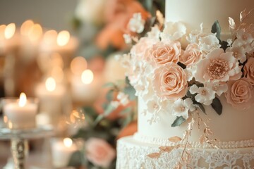 Obraz premium Elegant Wedding Cake with Floral Decorations and Candlelight, Romantic Celebration Focus.