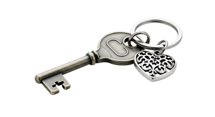 Antique skeleton key with ornate heart charm keychain isolated on transparent background