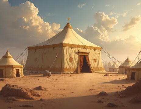 Biblical illustration depicts Tabernacle ancient Jewish temple. Tents in desert with golden ornaments, flags, ropes. Symbol of Jewish religion. Faith, history, culture in wilderness setting.