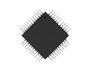 An isolated electronic circuit board with a central computer processor chip on a white background