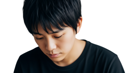 Young man with dark hair looking down thoughtfully wearing a black t shirt isolated on transparent background