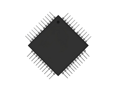 An isolated electronic circuit board with a central computer processor chip on a white background