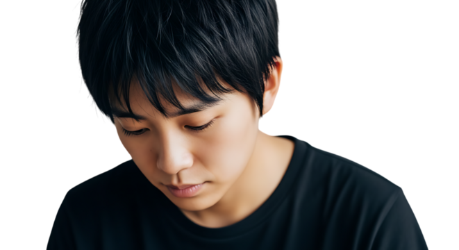 Young man with dark hair looking down thoughtfully wearing a black t shirt isolated on transparent background