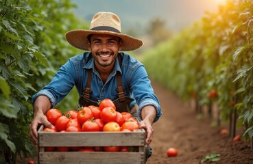 Smiling Latin farmer harvests tomatoes in agricultural field. Mexican man holding wooden crate with ripe red tomatoes. Farming, agriculture, organic food production, healthy lifestyle, freshness,