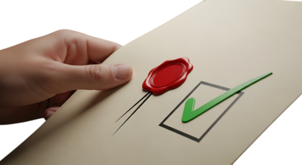 Hand holding paper with red wax seal and green checkmark isolated on transparent background