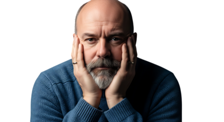 Middle aged man with beard and blue sweater holding his face in his hands isolated on transparent background