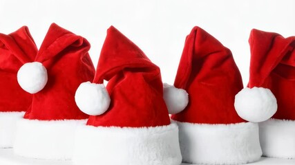 Five festive red Santa hats with fluffy white pom-poms in a row, embodying holiday spirit and Christmas cheer. - Powered by Adobe