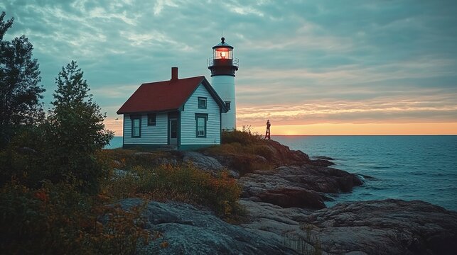 Lightkeeper cares for historic lighthouse at sunset near rocky shoreline