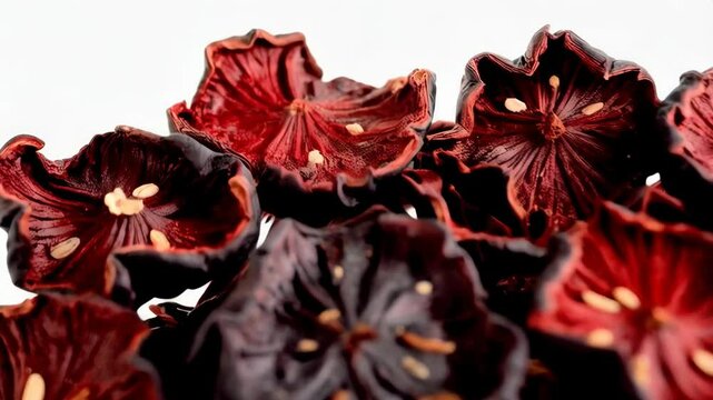 Pile of dark red dried hibiscus flowers with seeds on white background, food ingredient close-up shot for cooking or tea preparation.