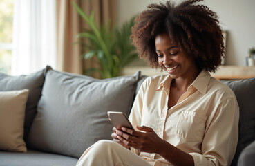 Young, attractive African American woman uses cellphone sitting in living room. Smiling female enjoys mobile device, texting, or browsing internet. Happy person relaxes on sofa. Lifestyle concept.