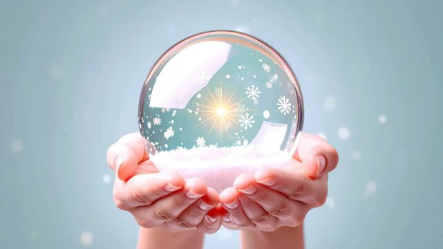 Magical winter wonderland snow globe held gently in hands, evoking wonder and festive spirit