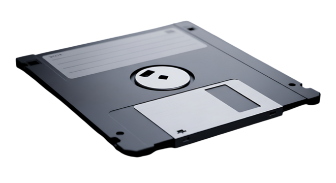 Close up of a black 3 5 inch floppy disk data storage media isolated on transparent background - Powered by Adobe