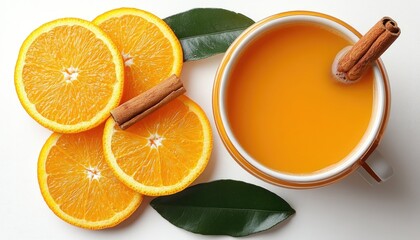 Orange juice with cinnamon, orange slices, and leaves