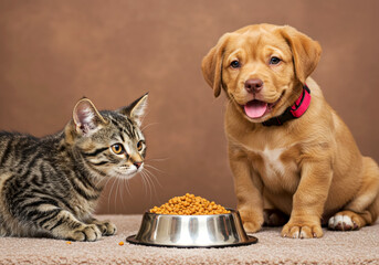 Cat and puppy eating dinner together from the same bowl