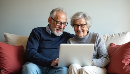 Happy senior couple using laptop computer together. Elderly husband, wife check social media read news shop online at home. Old man, woman smile, enjoying technology in retirement. Lifestyle concept.