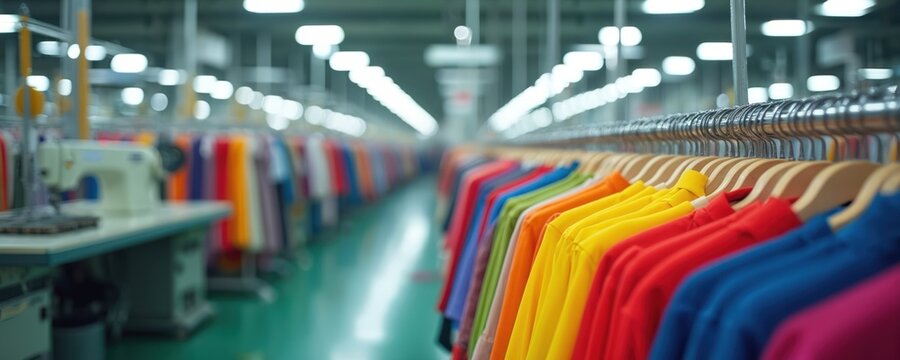 Factory scene with colorful garments hanging on racks. Sewing machines visible in background. Textile industry apparel production line. Clothes on hangers ready for sale. Fashion, design. Production