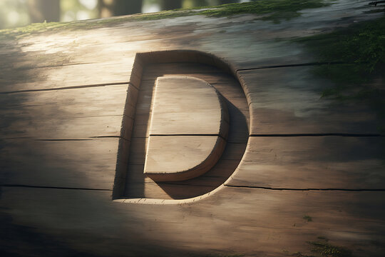 Carved wooden letter D, illuminated.
