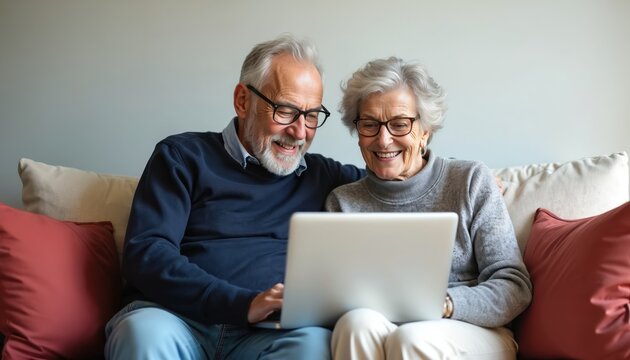 Happy senior couple using laptop computer together. Elderly husband, wife check social media read news shop online at home. Old man, woman smile, enjoying technology in retirement. Lifestyle concept.