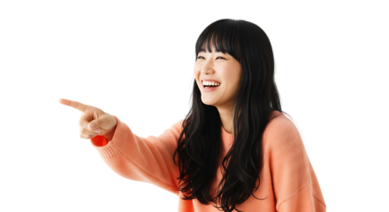 Smiling young asian woman pointing to the side with a happy expression isolated on transparent background