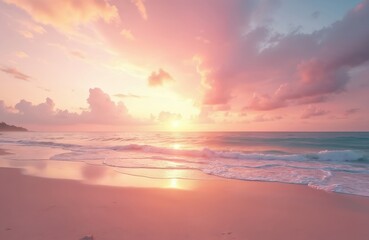Fototapeta premium Soft pink sunset over ocean beach. Calm sea, gentle waves reach sandy shore. Sky clouds glow reflecting sunlight. Tropical paradise vacation, travel, nature background, dusk, evening, serene.