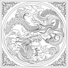 An intricate black and white vector illustration of two traditional Chinese or Asian dragons intertwined amidst stylized waves, enclosed within a circular frame. The corners are adorned with delicate 
