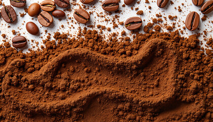 Ground coffee with coffee beans arranged on white surface  