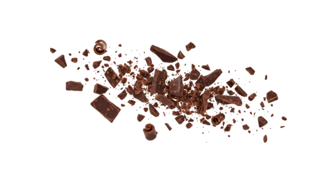 Pile grated, chopped, dark chocolate flying, isolated on white, top view  
