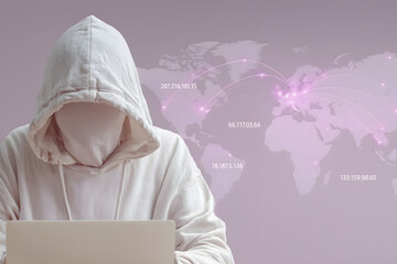 Hacker in the Digital Realm: Anonymous figure wearing a hood operating a laptop against a backdrop of a world map with network connections.