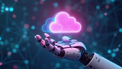 Robotic hand holds digital cloud, representing cloud computing, data storage. Blue and pink glowing cloud circuit board with data transfer, security. AI technology and innovation concept.
