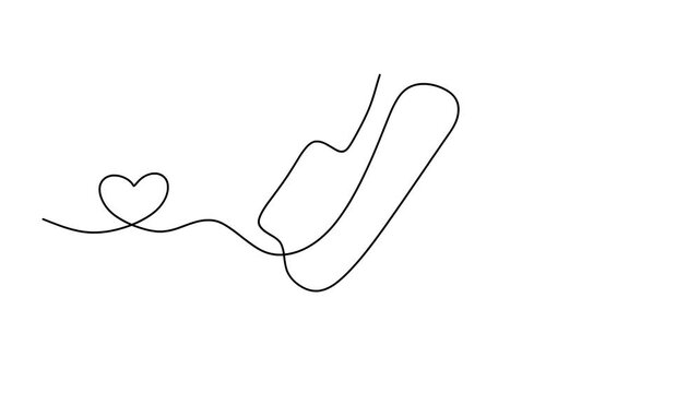Animated self drawing of continuous line draw sanitary napkin and pad. Menstruation cycle and menstrual calendar concept in simple linear style. Hygienic absorbent. Full length one line animation. 4K	