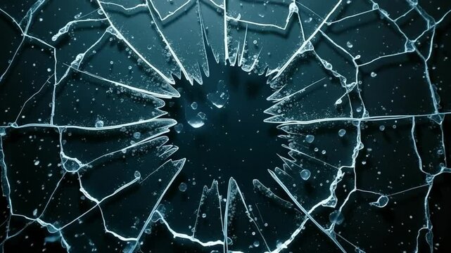 Shattered glass texture with impact hole, broken window shards on dark blue background, cracked glass surface for cinematic overlay and visual effects