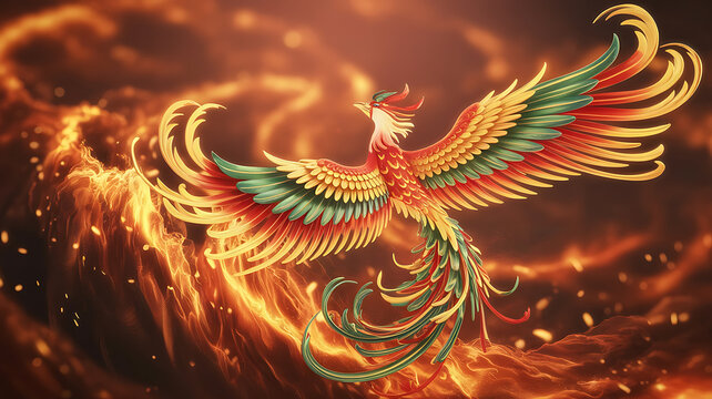 Fiery phoenix soars above burning landscape.
