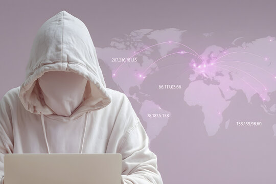 Hacker in the Digital Realm: Anonymous figure wearing a hood operating a laptop against a backdrop of a world map with network connections. - Powered by Adobe