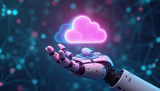 Robotic hand holds digital cloud, representing cloud computing, data storage. Blue and pink glowing cloud circuit board with data transfer, security. AI technology and innovation concept.
