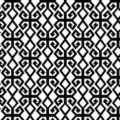 black and white seamless pattern, geometric pattern, repeating motif, combines diamond shapes with interlocking, scroll-like elements, overlaps.