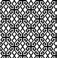 black and white seamless pattern, geometric pattern, repeating motif, combines diamond shapes with interlocking, scroll-like elements, and overlaps.