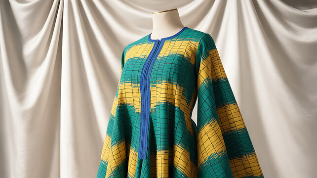 Vibrant teal and gold patterned jacket with wide sleeves.
