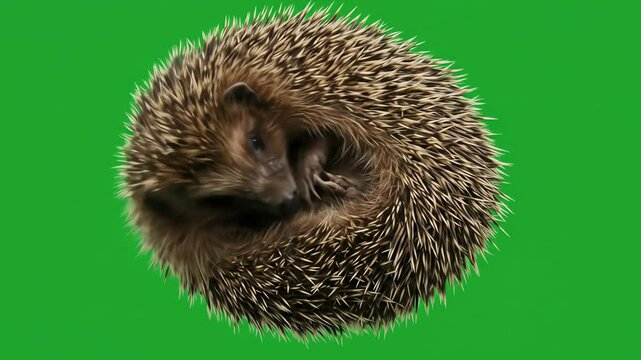 A curledup hedgehog with brown and tan quills against a solid green background